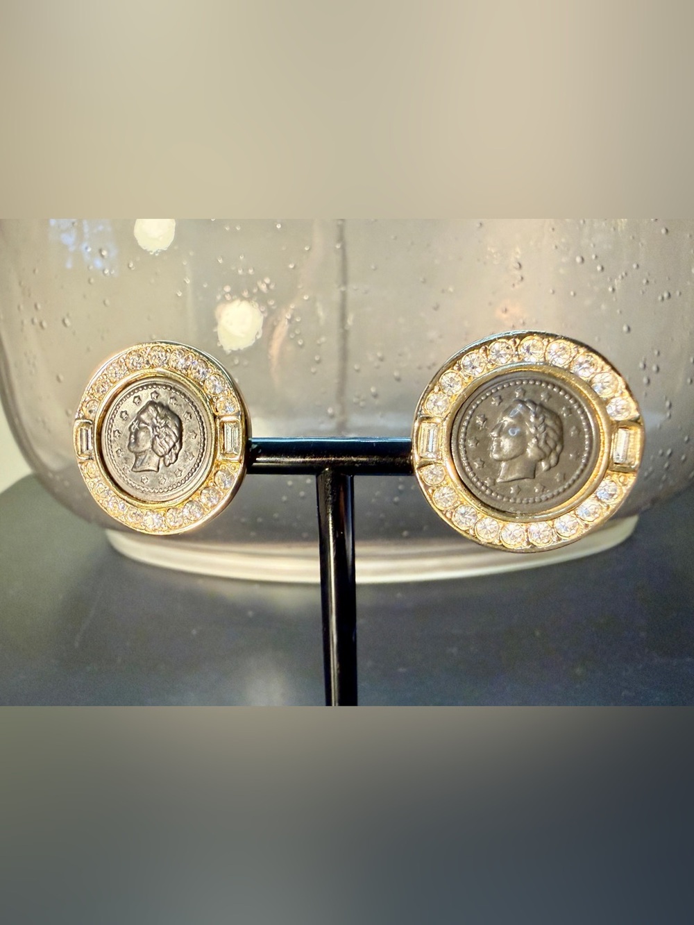 Rare Vintage Roman Emperor Coin Gold Tone & Rhinestone Statement Earrings